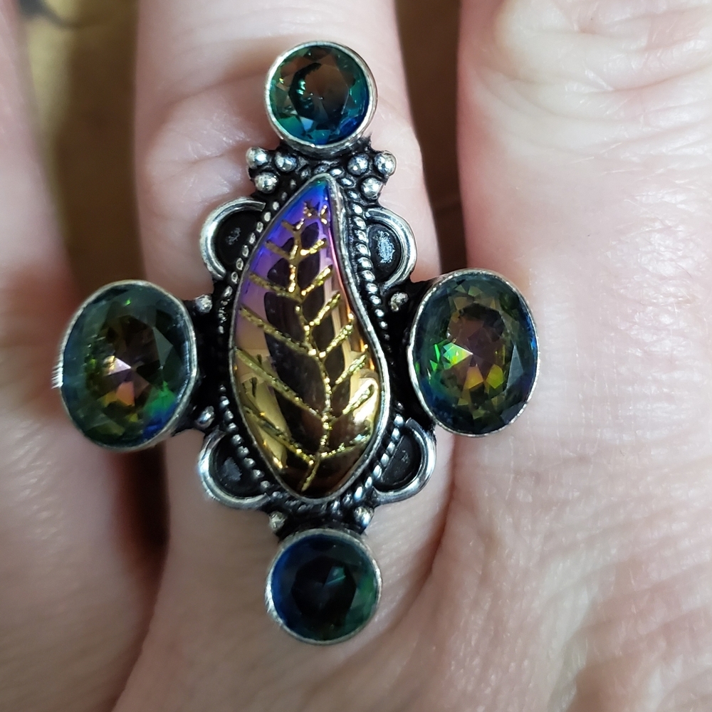 New Carved Rainbow Hematite & Mystic Topaz 925 Silver Ring.